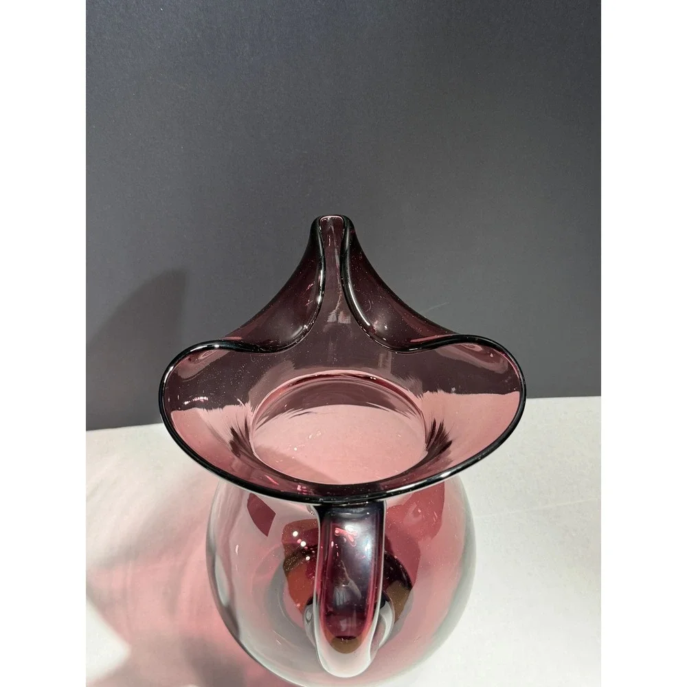 Amethyst Purple Hand Blown Glass‎ Pitcher Tri-Corner Ruffled Rim Vintage Plum